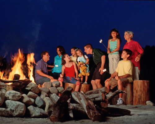 VIEW OF PEOPLE AT A CAMPFIRE.