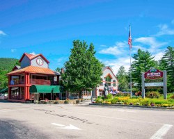 Colorful roadside village center with shops