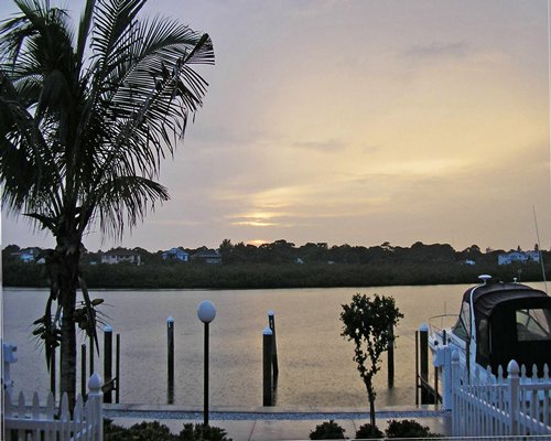 A view of the beach at dusk.