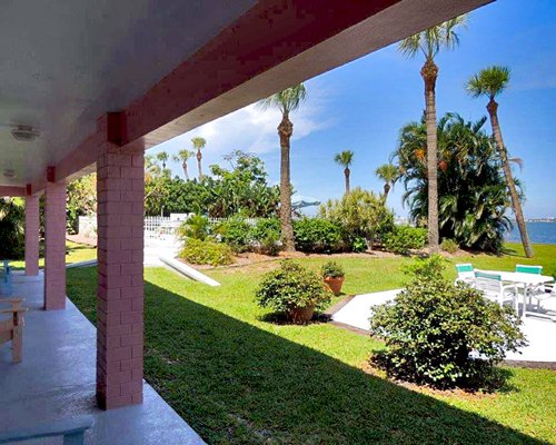 View of the landscaping with outdoor picnic area from the corridor.