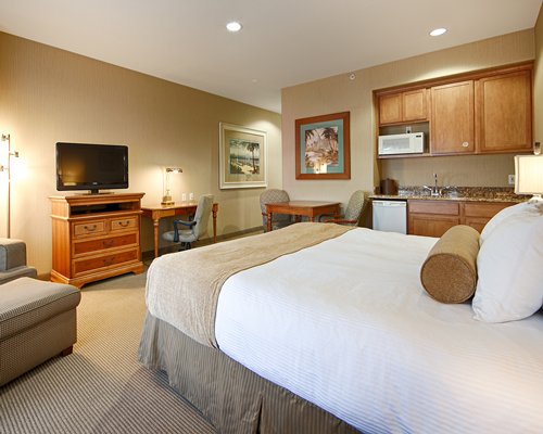 A view of open bedroom and living area with kitchenette and television.