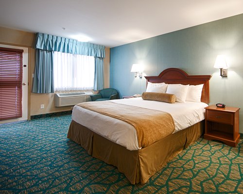 A bedroom with a large bed with door and window.
