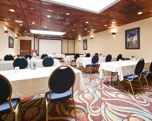 A conference room with table seating.