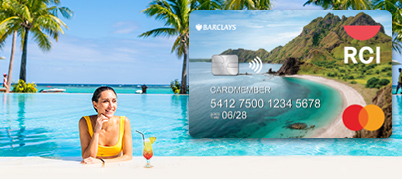 An image of the RCI Mastercard and a smiling woman in a pool with a tropical drink