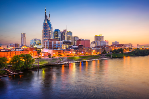 Aerial view of Nashville from the Cumberland River
