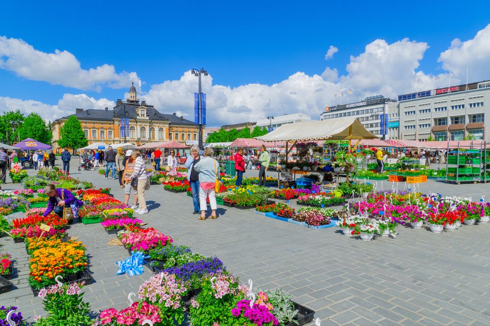 In Kuopio, the townspeople celebrate the warmer months with many vibrant outdoor markets and festivals, a welcome change from the white snow of the wintry seasons.