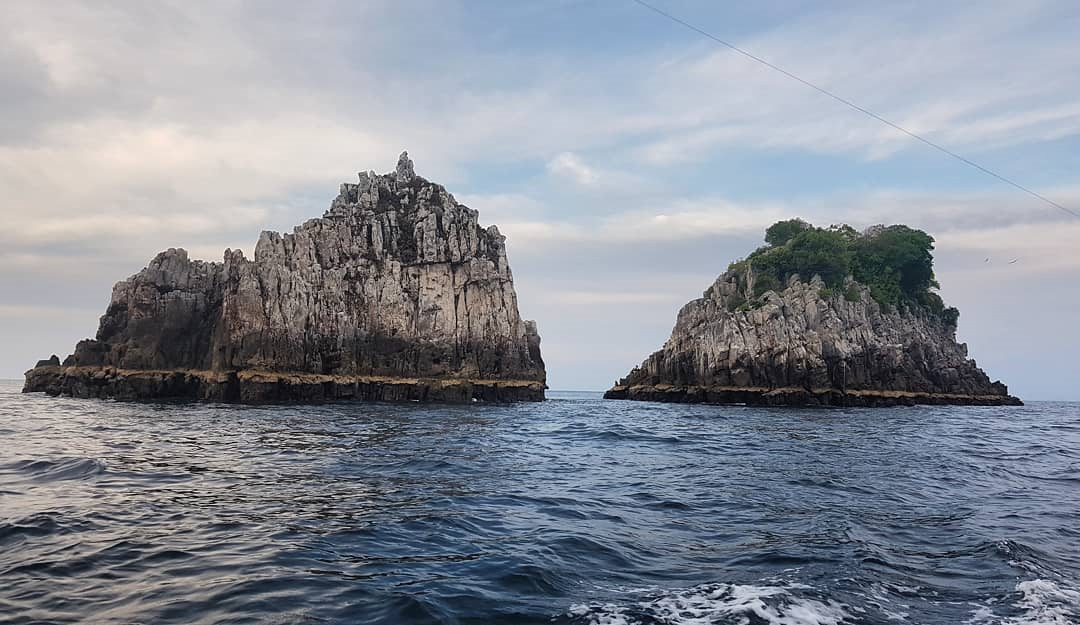  The two rocky outcrops on the island are covered in hard coral formations and black corals. 