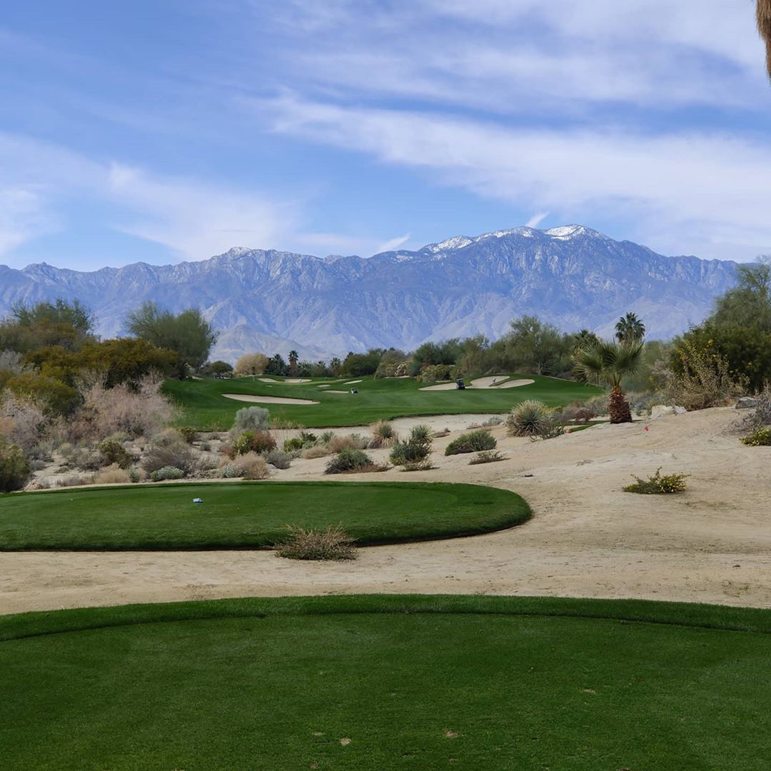 Enjoy golf against scenic views of the mountains at the Desert Willow Golf Resort.