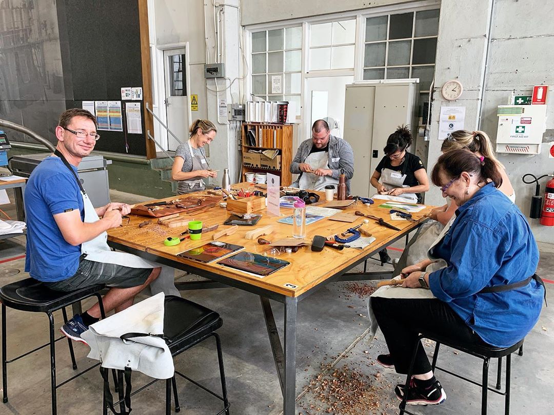 Pictured is a two-day glass and wood workshop held at Canberra Glassworks. Guided by a glass artist, participants crafted their own glass cheese board, and carved a cheese knife handle from timber to match their boards. 